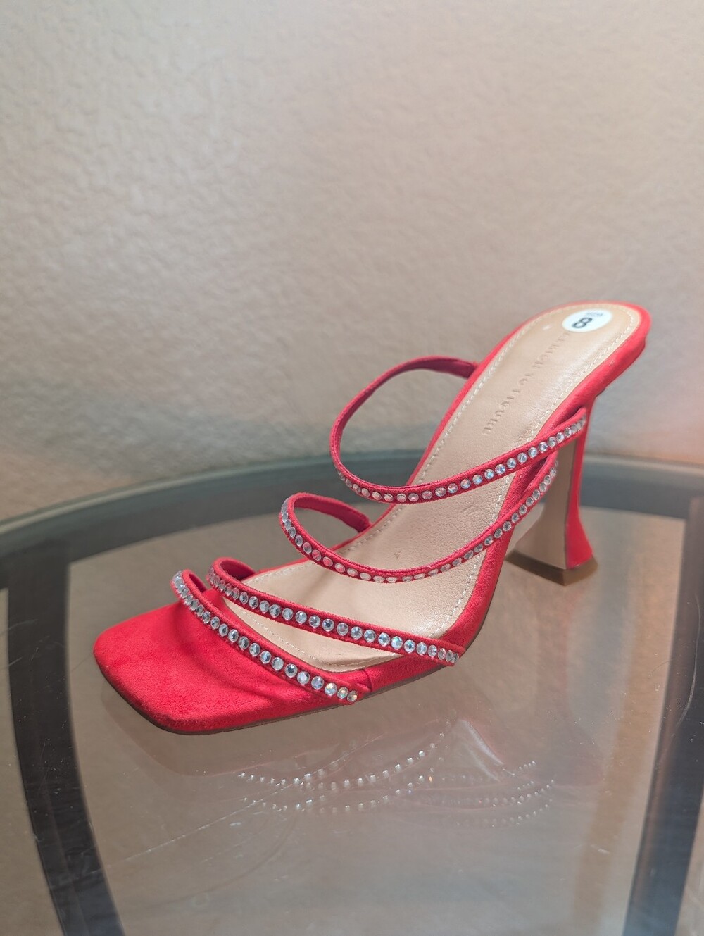 NWT Fashion To Figure Red Rhinestone Sculptured Heel Strappy Sandals Size 8W